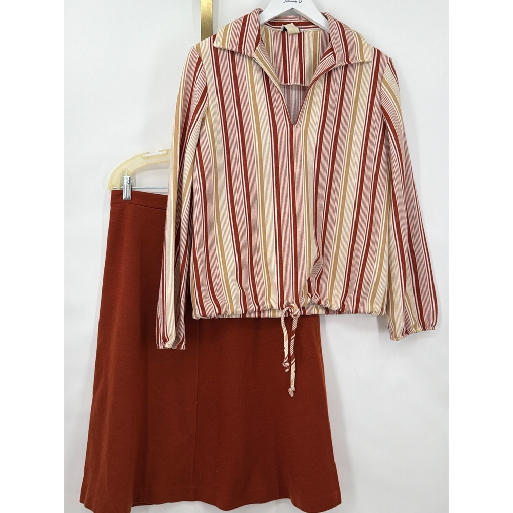 Vintage 70s Tempo Striped Knit Top and A-Line Skirt Set Burnt Orange Retro